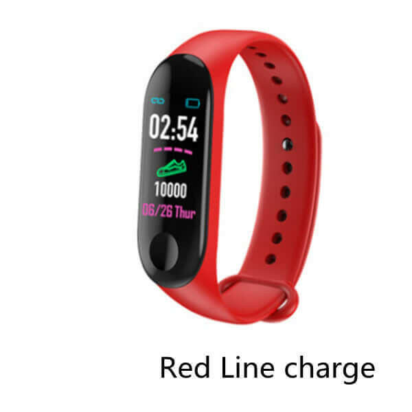 Red smart bracelet with a colorful digital screen showing fitness stats, perfect for daily use.