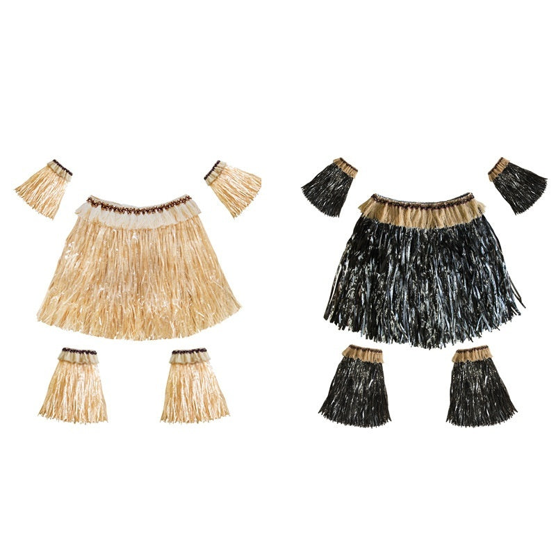 Two sets of Hawaiian grass skirts in natural and black colors, showcasing the skirts and accessories neatly arranged.