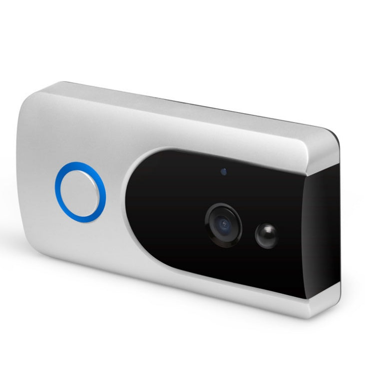 Stylish white wifi video doorbell featuring a camera and blue button.