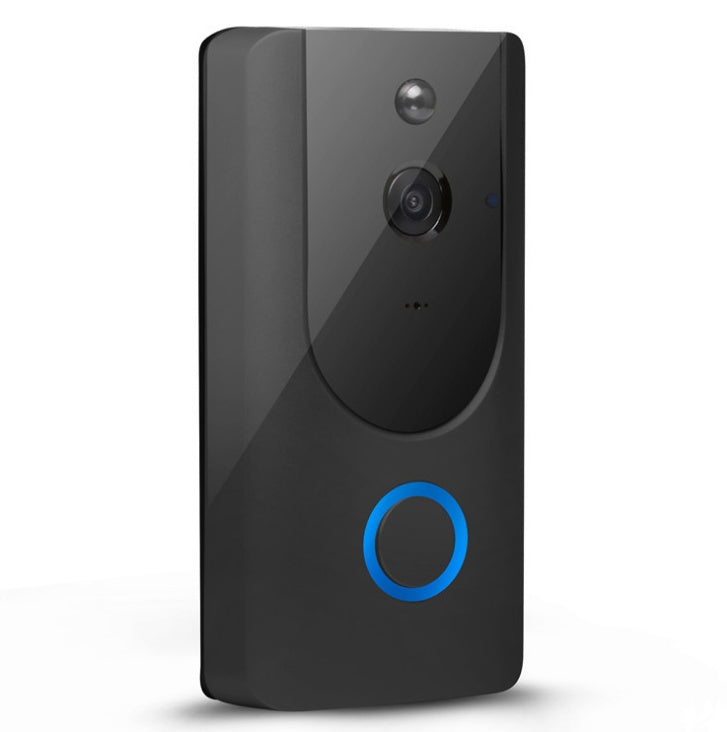 Close-up of a modern black wifi video doorbell with a camera and blue button.