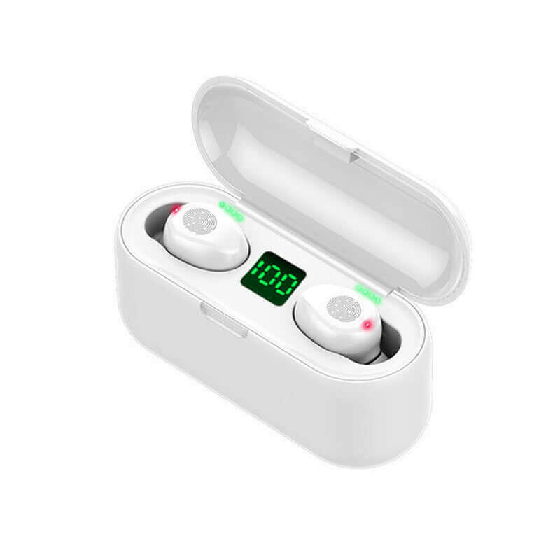 White wireless Bluetooth earbuds stored in a compact charging case showing a digital battery indicator, perfect for active lifestyles.