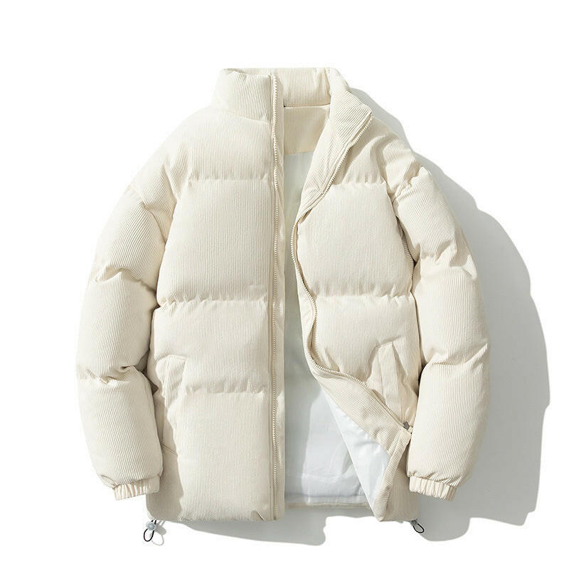 A cozy cream men's warm coat that is cozy and perfect for casual wear during chilly days.