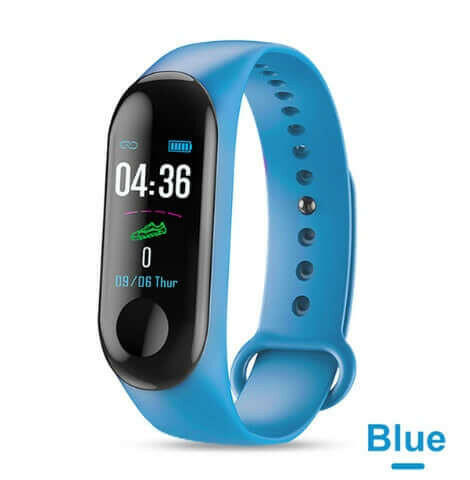 Bright blue smart bracelet with digital metrics and fitness tracking features.