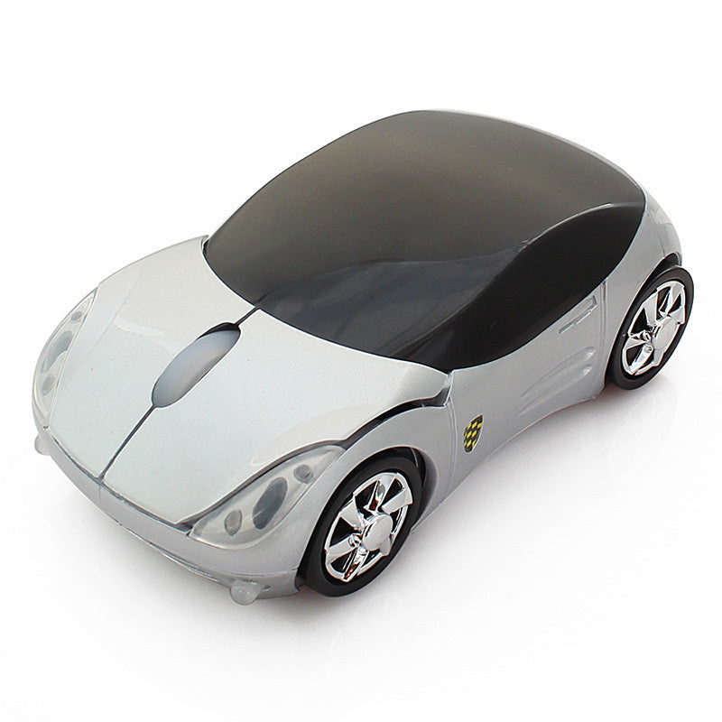 Silver wireless car mouse featuring a sleek design, perfect for laptop and desktop users.