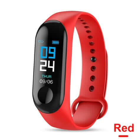 Red smart bracelet with a clear display for time and fitness metrics, ideal for sports enthusiasts.