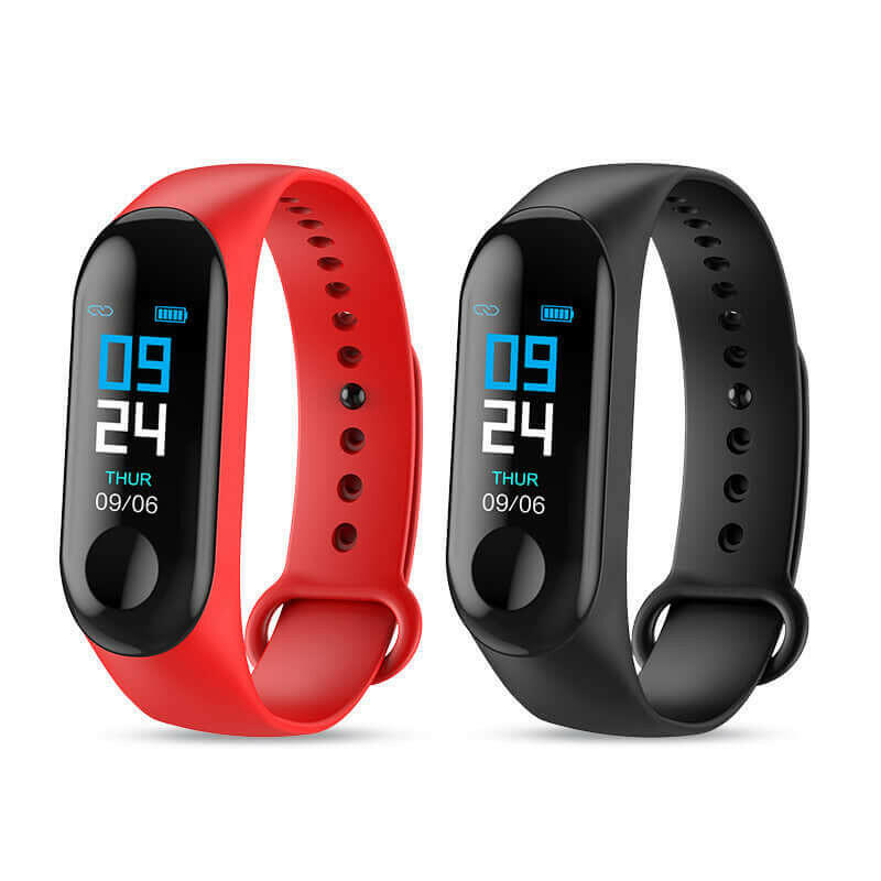 Smart bracelet available in red and black, featuring a digital display showing the time and date.