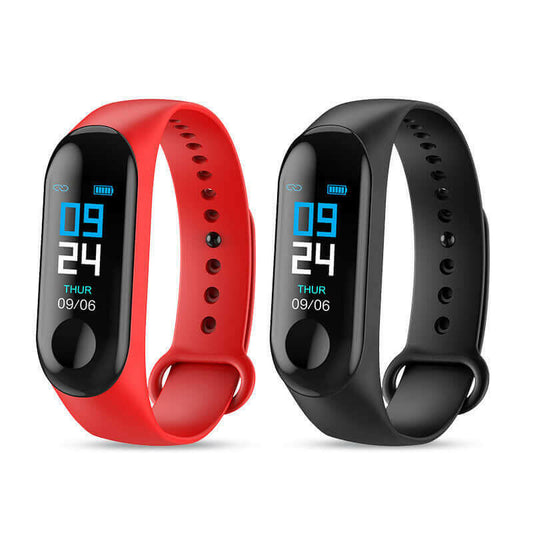 Smart bracelet available in red and black, featuring a digital display showing the time and date.