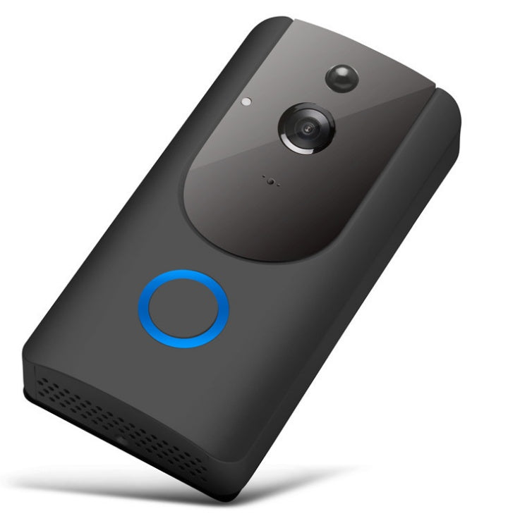 Top view of a black wifi video doorbell showcasing its design and features.