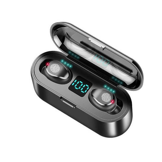 Wireless Bluetooth headphones in a sleek charging case displaying battery level, designed for sports and waterproof use.