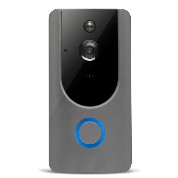 Front view of a gray wifi video doorbell emphasizing its camera and button.