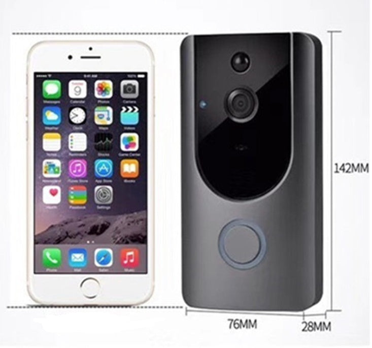 Measurement comparison of a wifi video doorbell next to an iPhone, highlighting its dimensions.