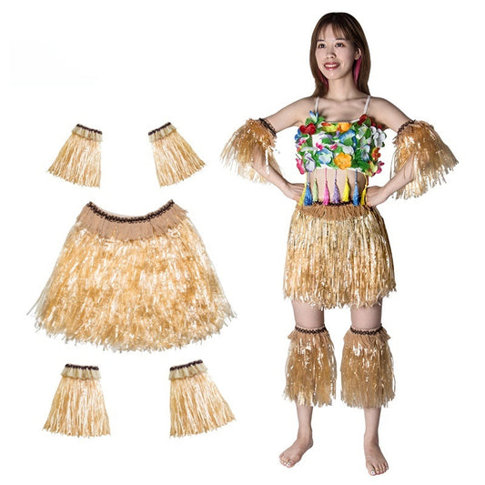 A woman wearing a Hawaiian grass skirt complete outfit with colorful floral top and accessories including arm cuffs and leg wraps.