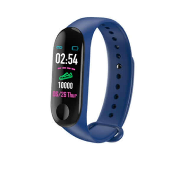 Blue smart bracelet displaying fitness information and time, ideal for active lifestyles.