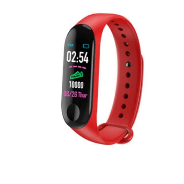 Vibrant red smart bracelet with digital display showing fitness metrics and time.