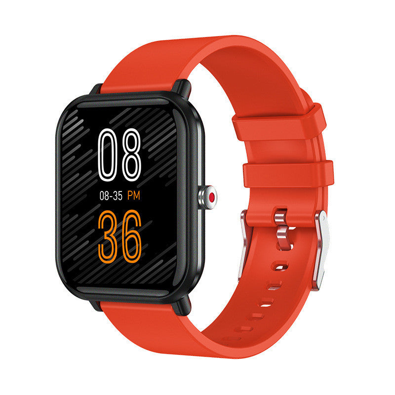 Bright red strap multi-function watch showcasing the time in a modern digital display with alternating colors.