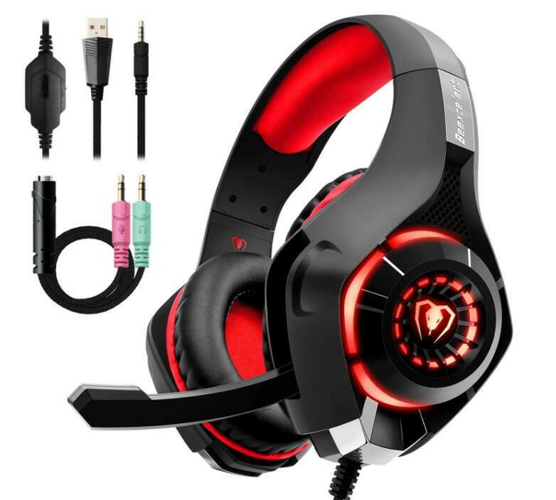 Stylish red and black gaming headset with illuminated logo, microphone, and multiple connection cables.