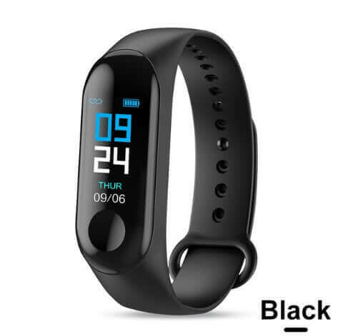 Black smart bracelet featuring a sleek design and a bright digital interface for fitness tracking.