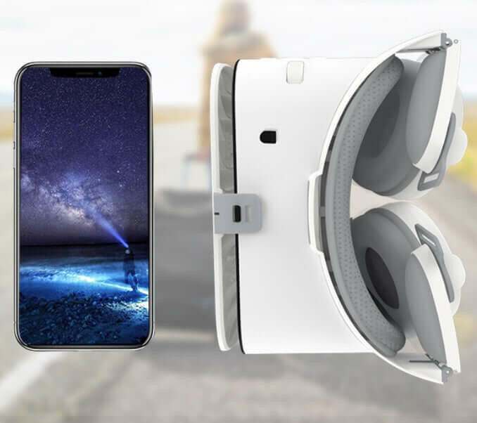 Side view of BOBO Z6 VR headset with a smartphone inserted, demonstrating its immersive capabilities.