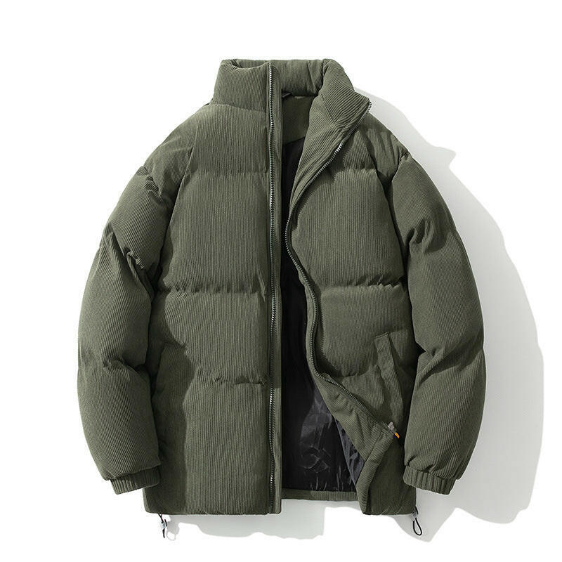 An olive green men's warm coat with a padded design and a stand-up collar, ideal for cold weather outings.