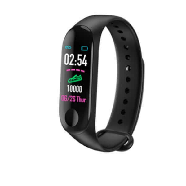 Black smart bracelet with a bright digital screen displaying steps and time, perfect for fitness tracking.