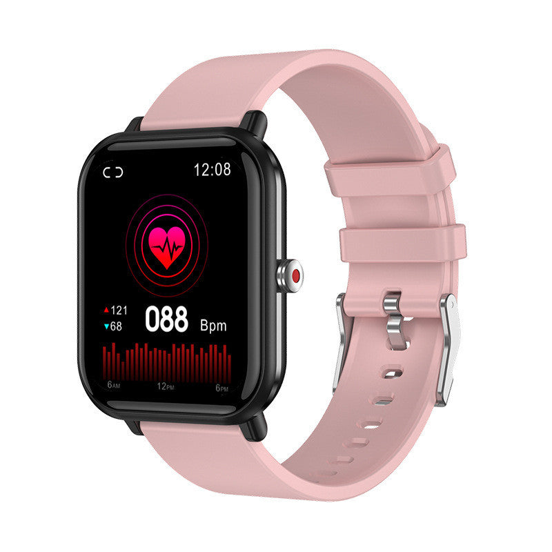 Pink strap multi-function watch monitoring heart rates with a graphical display, emphasizing health tracking features.