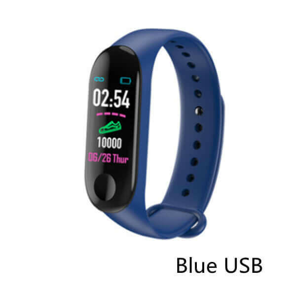 Stylish blue smart bracelet with a digital display for tracking steps and notifications.