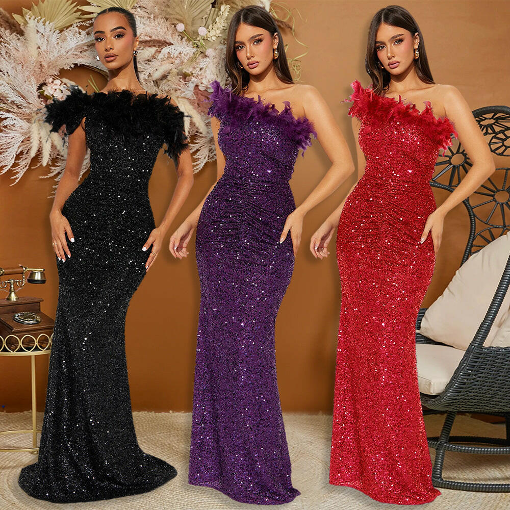 Three models showcasing elegant sequin evening dresses; one in black, one in purple, and one in red with feather detailing.