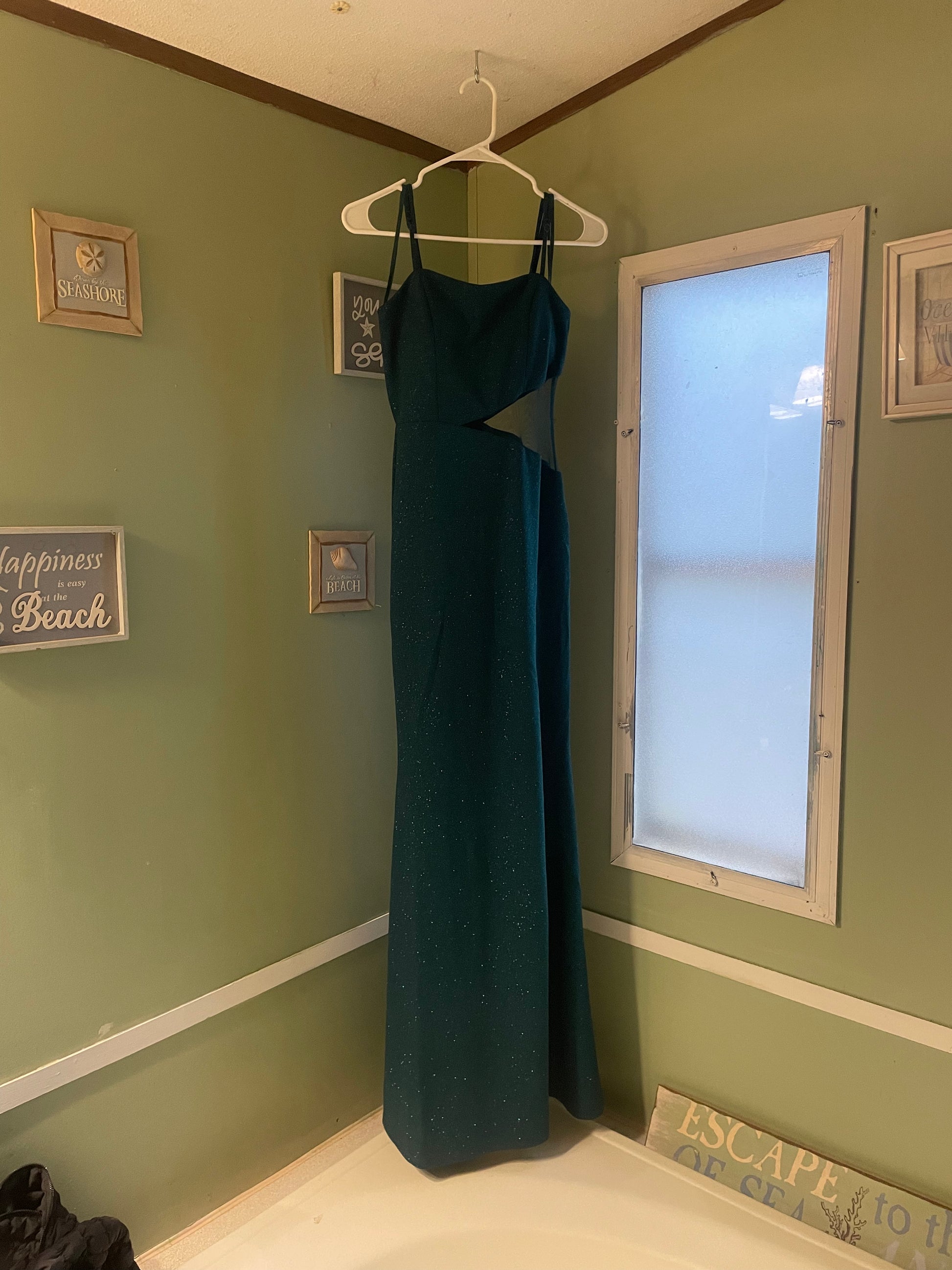 Elegant green dress displayed on a hanger, showcasing its beautiful cut and sparkly fabric against a green wall.