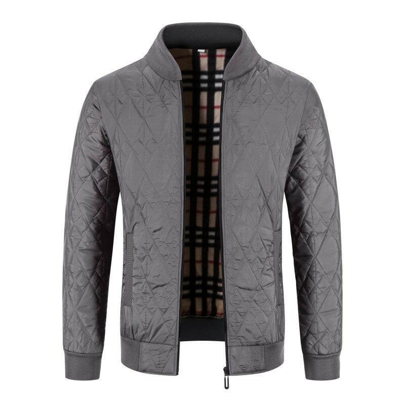 Men's thick plaid coat in gray, designed with a textured quilted finish and plush fleece lining for added warmth.