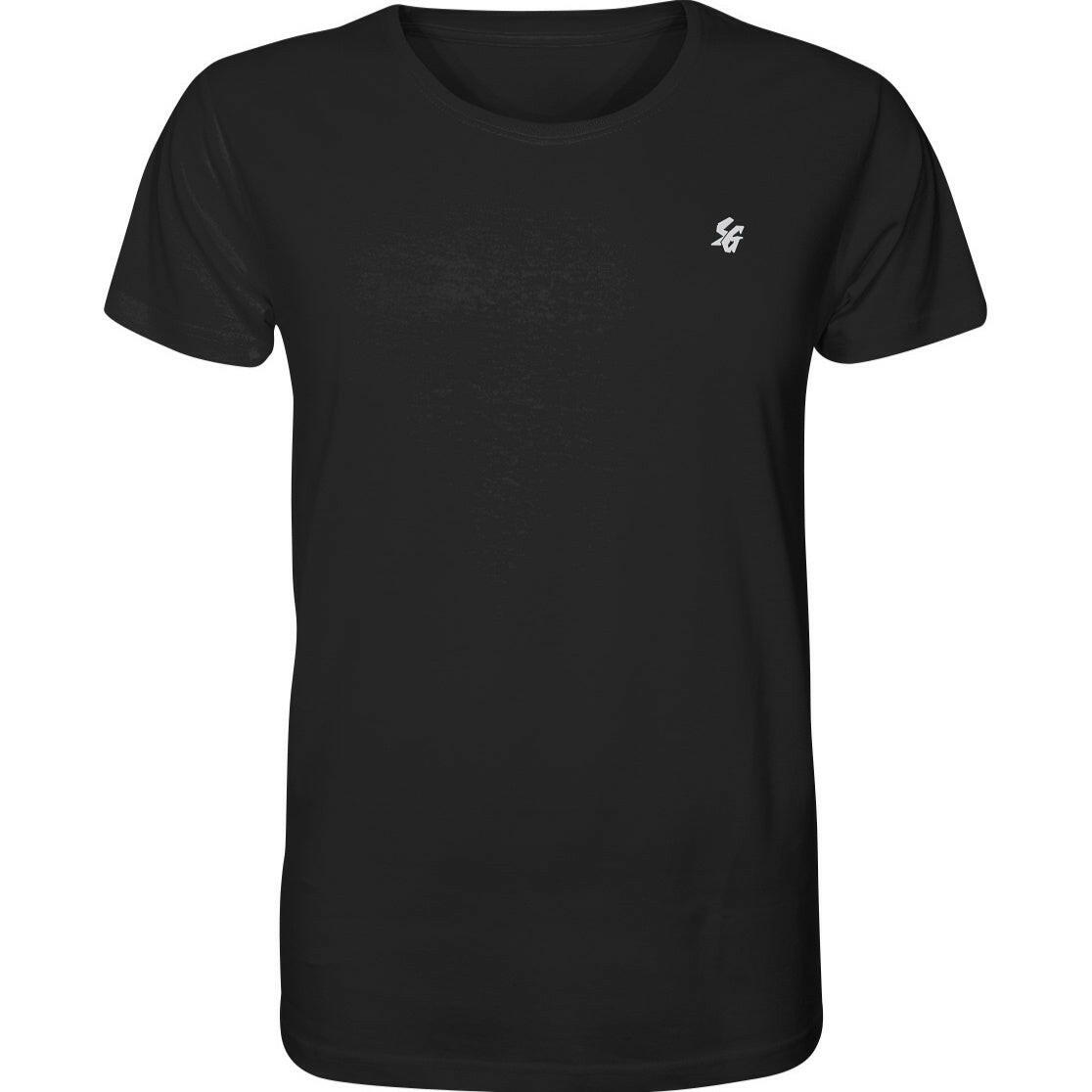 Men's short sleeve graphic shirt featuring a classic round neck design in solid black.