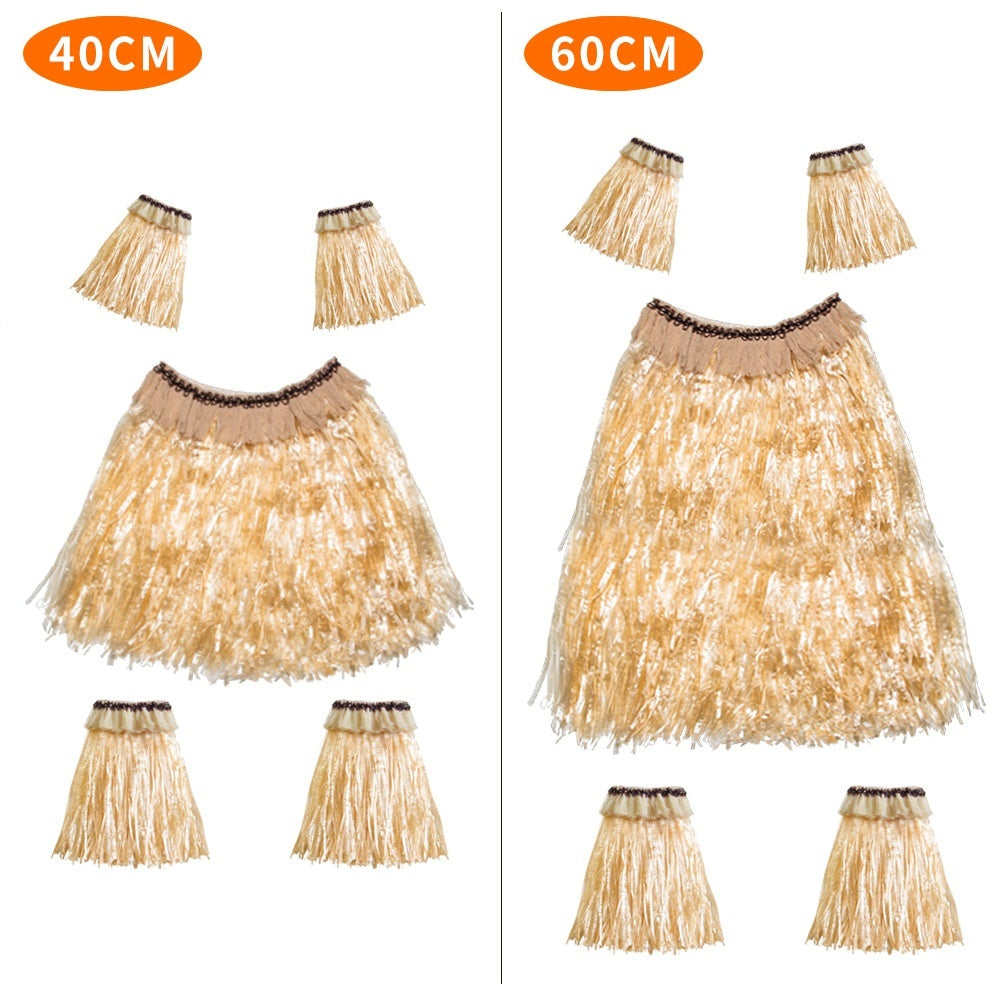 A colorful arrangement of Hawaiian grass skirts in light and dark shades, displayed with size options for dress-up occasions.