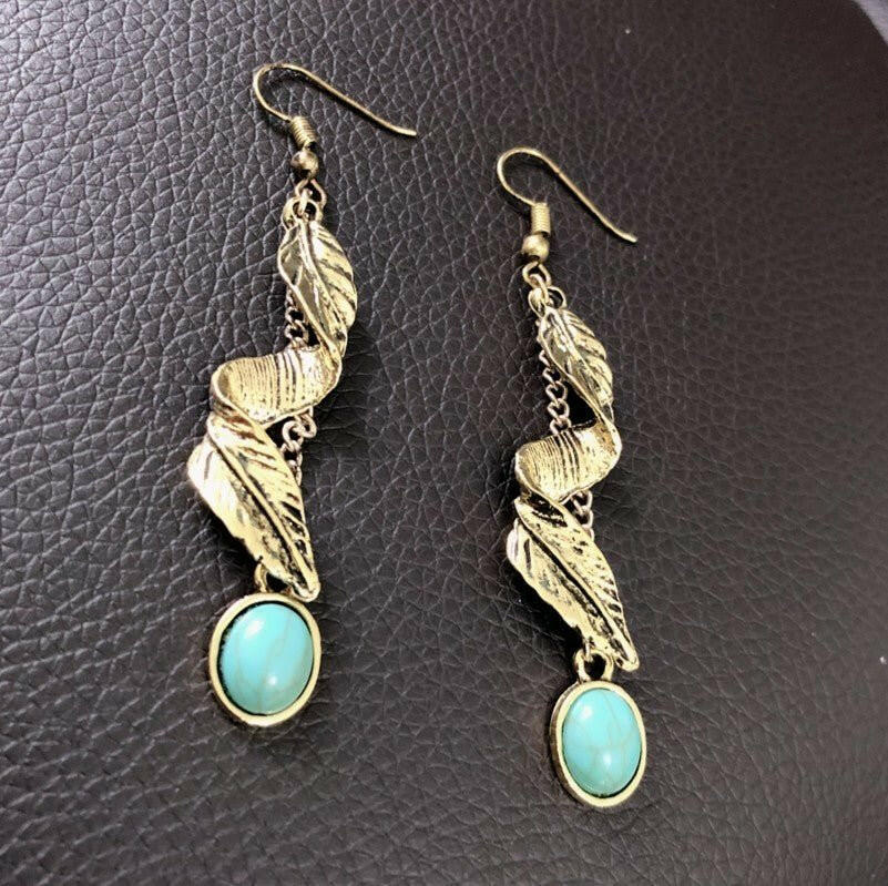 Alloy Leaf Artificial Turquoise Earrings - Nikki's Boutique