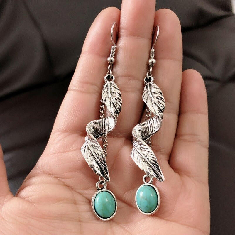 Alloy Leaf Artificial Turquoise Earrings - Nikki's Boutique