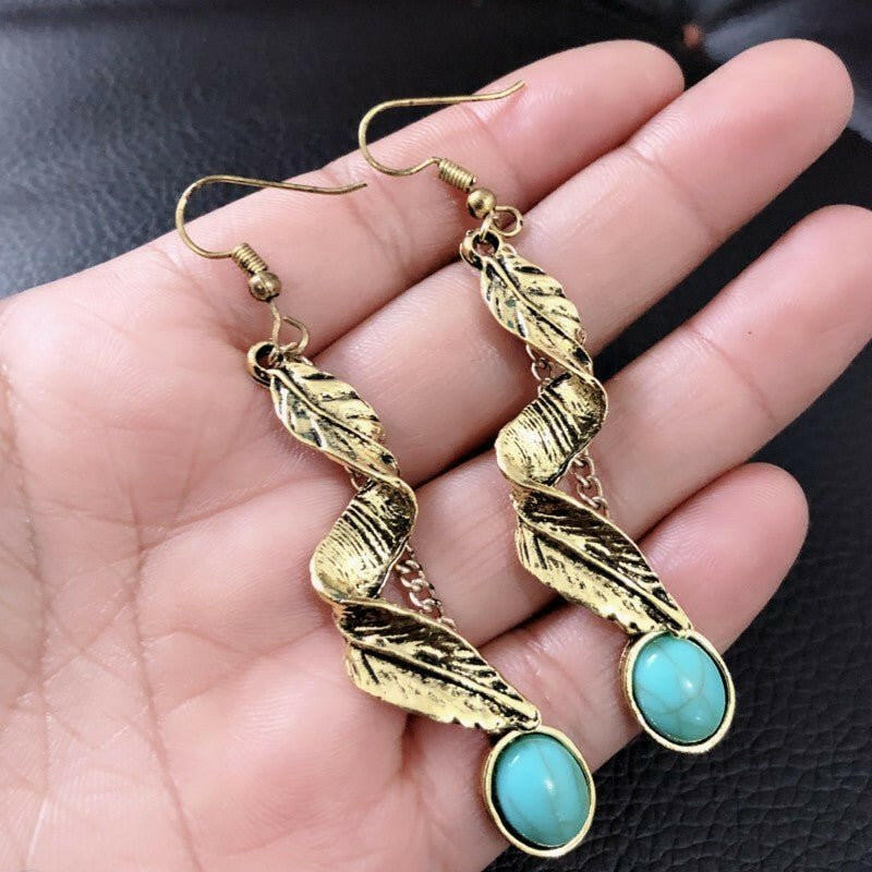 Alloy Leaf Artificial Turquoise Earrings - Nikki's Boutique