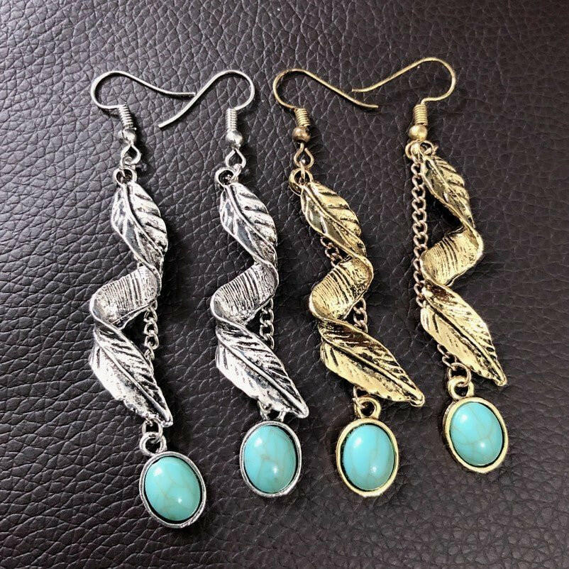 Alloy Leaf Artificial Turquoise Earrings - Nikki's Boutique