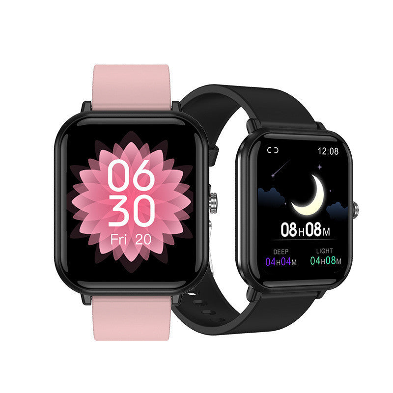 Two multi-function watches displayed side by side, one with a pink strap showing a floral design and time, and the other with a black strap displaying a night mode interface with time and sleep details.