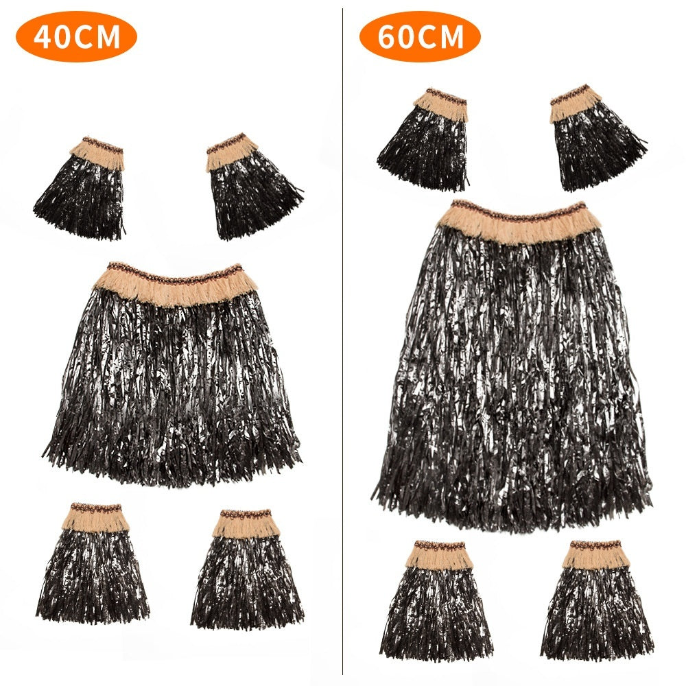 Side-by-side comparison of Hawaiian grass skirts available in 40cm and 60cm options, perfect for costume selection.