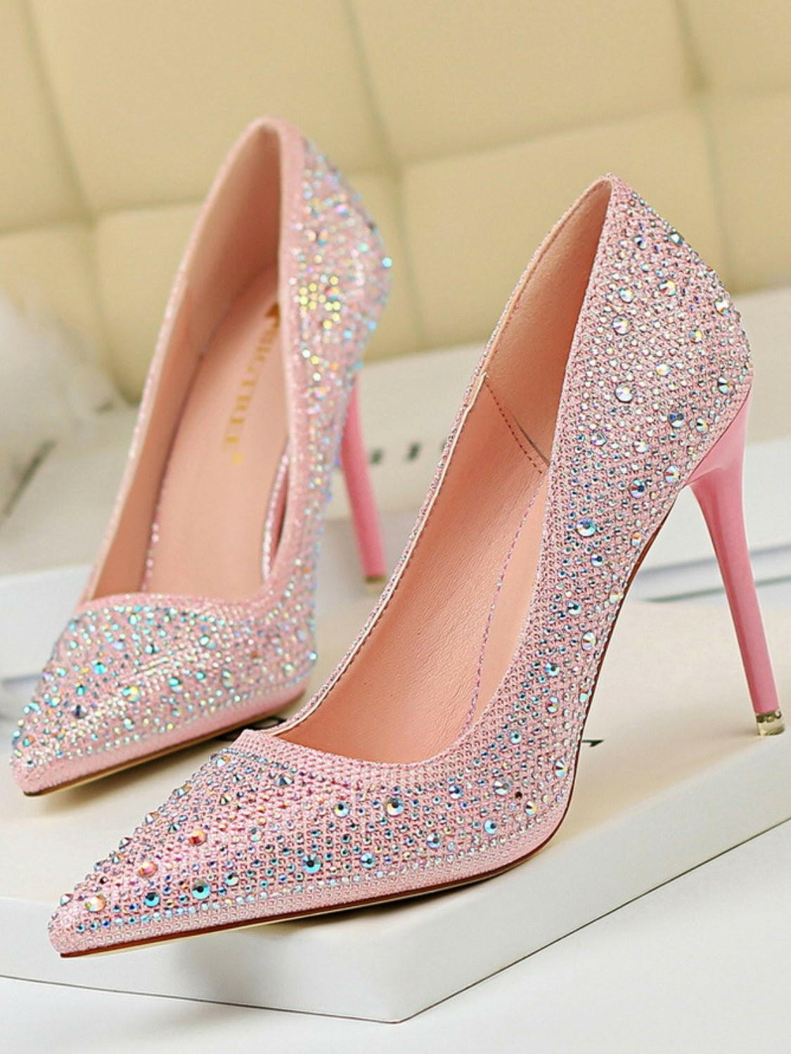 Elegant Pointed Toe Stiletto Pumps with Rhinestone Detail - High Heel Fashion Shoes - Nikki's Boutique