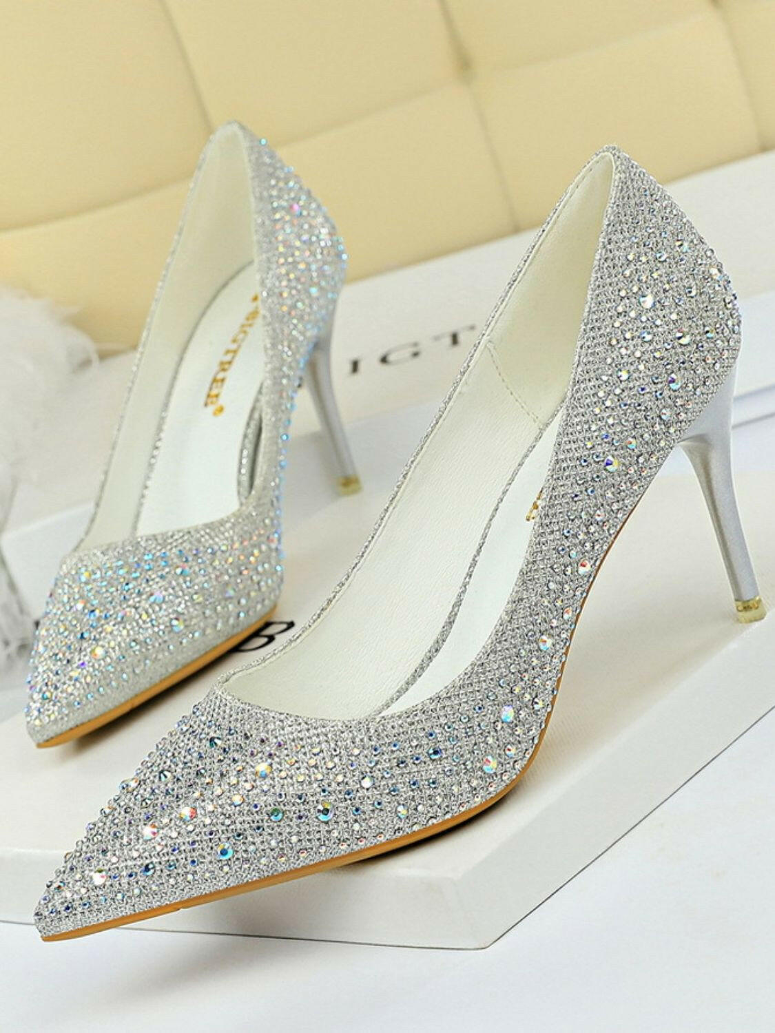 Elegant Pointed Toe Stiletto Pumps with Rhinestone Detail - High Heel Fashion Shoes - Nikki's Boutique