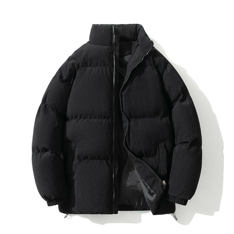 A black men's warm coat shown in a modern style, designed for comfort and warmth in winter.