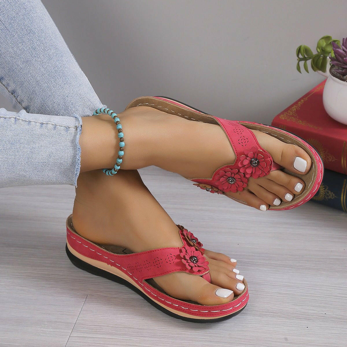 Floral Low Heel PU Leather Toe Post Sandals - Stylish Women's Summer Footwear - Nikki's Boutique